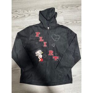 Betty Boop Fleece Hoodie Full Zip Flirt Hearts Black Y2K L(12/14)‎